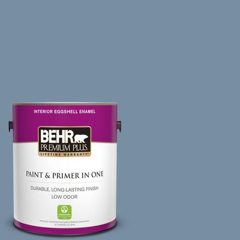 BEHR PREMIUM PLUS 1 gal. #S510-4 Jean Jacket Blue Eggshell Enamel Low Odor Interior Paint and Primer in One-240001 - The Home Depot Acoustical Ceiling, Behr Premium Plus, Cabinet Trim, Flat Interior, Paint Primer, Painted Ceiling, Enamel Paint, Cozumel, Back To Nature