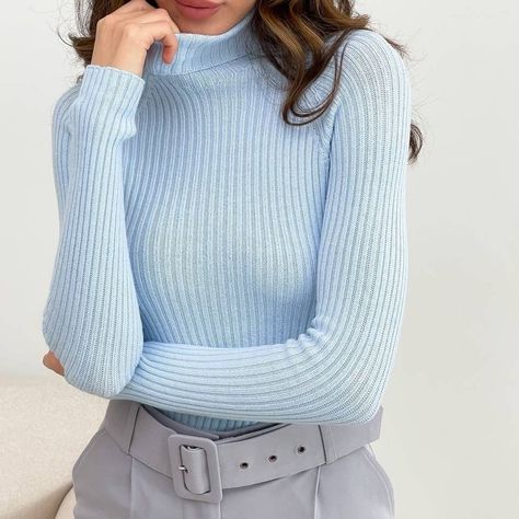 "Cozy light blue seamless minimalist pullover for you!" Light Blue Top Outfit Work, Light Blue Pullover Outfit, Light Blue Turtleneck Outfit, Light Blue And Black Outfit, Blue Turtleneck Outfit, Light Blue Cardigan Outfit, High Neck Sweater Outfit, Light Blue Clothes, Knit Sweater Outfit Winter