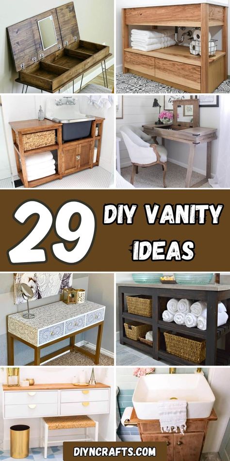 29 DIY Vanity Ideas Diy Vanity Ideas, Homemade Vanity, Floating Shelf Plans, Large Bathroom Vanity, Unique Vanity, Diy Vanity Mirror, Diy Makeup Vanity, Custom Bathroom Vanity, Flexible Led Strip Lights