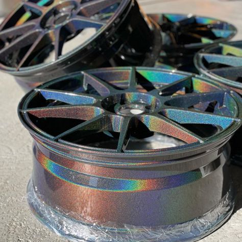 If you're looking for flashy wheels, a rainbow flake finish topped with a glossy clear coat might be the way to go.🌈 @paint.point.kv . . . #powdercoating #powdercoat #powdercoatingwheels #powdercoated #powdercoatnation #wheel #rainbowflake #customwheels #brushedwheels #bigwheels #bigrims Powder Coating Wheels, Jeep Wrangler Interior, Custom Wheels Cars, New Car Accessories, 2014 Ford Mustang, Car Wheels Rims, Powder Coat Colors, Chrome Wheels, Car Goals