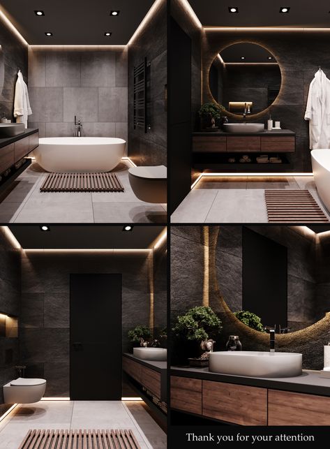 Dark Bathroom Modern, Dark Bathroom Ideas Modern, Modern Black Bathroom Design, Dark Luxury Bathroom, Bathroom Interior Design Luxury Black, Dark Bathroom Design, Dark Modern Bathroom, Bathroom Dark, Black Tile Bathrooms