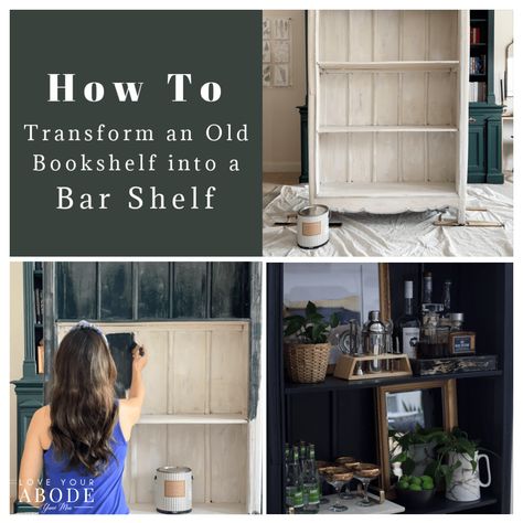 Transform an Old Bookshelf into a Bar Shelf - Love Your Abode Bookshelf Into Bar, Bar Bookshelf, Bookshelf Bar Ideas, Bookshelf Turned Into Bar, Bookshelf Turned Coffee Bar, Refurbish Book Shelf, Up Cycled Dresser To Bookshelf, Diy Dry Bar, Bookshelf Bar