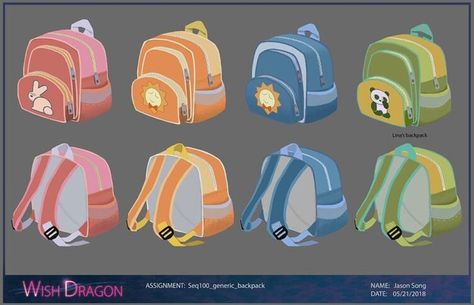 Bag Concept Art, Backpack Concept Art, School Props, Anime Props, Wish Dragon, Props Illustration, Sony Pictures Animation, Bag Of Gold, Paper Cactus