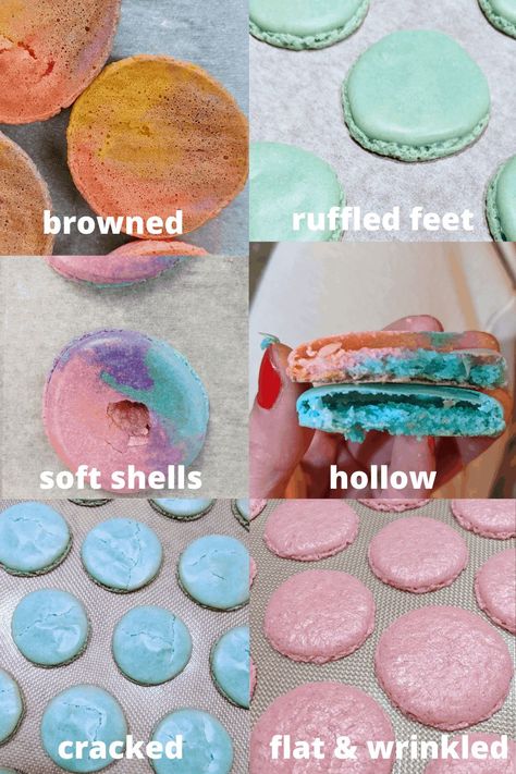 Macaron Color Guide, Cracked Macaron Shells, Macaron Troubleshooting Guide, Hollow Macaron Shells, Macaron Tips, Macaron Troubleshooting, How To Make Macaroons, Making Macarons, Happy Cakes