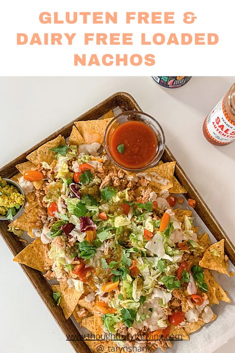 These are the best gluten free and dairy free nachos ever! Made with organic corn tortilla chips and vegan cheese. With a vegan option! Perfect appitizer or dinner and sure to satisfy all! #dairyfreerecipes #dairyfree #veganrecipes #glutenfree #nachos #healthyrecipes Gluten Free Nachos Recipe, Dairy Free Nachos, Gluten Free Nachos, Healthy Nachos, Easy Nachos, Dairy Free Appetizers, Pork Nachos, Nachos Beef, Ibs Recipes