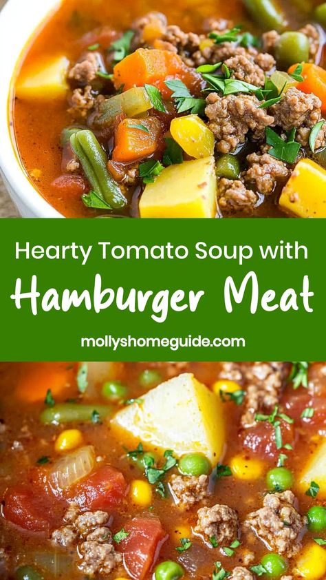 Warm up your day with a comforting bowl of tomato soup loaded with flavorsome hamburger meat. This hearty and delicious soup is the perfect blend of rich tomatoes, savory spices, and perfectly seasoned ground beef. Whether you're craving a quick weeknight dinner or looking to cozy up on a chilly evening, this tomato soup with hamburger meat recipe is sure to hit the spot. It's simple to make yet packed with robust flavors that will leave your taste buds wanting more. Beef Cubes Soup Recipe, Hamburger Meat Soup, Ground Beef Recipes Soup, Soup With Hamburger Meat, Soups With Ground Beef, Soup With Hamburger, Hearty Tomato Soup, Recipes Using Hamburger, Rotel Recipes