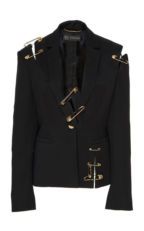 Safety Pin Wool Blazer by VERSACE Now Available on Moda Operandi Safety Pin Blazer, Blazer Runway, Punk Blazer, Safety Pins Fashion, Versace Safety Pin, Jacket Inspiration, Mode Editorials, Versace Style, Estilo Punk