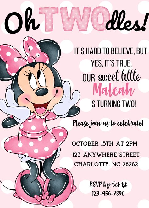 Oh TWOdles! Minnie Mouse birthday invitation Template Canva 5 - Payhip Γενέθλια Mickey Mouse, Oh Twodles, Minnie Mouse Birthday Theme, Twodles Birthday, Minnie Mouse Birthday Party Decorations, Minnie Mouse Birthday Invitations, 2nd Birthday Party For Girl, Minnie Mouse Birthday Cakes, Minnie Mouse Invitations