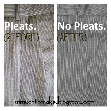 How to turn pleated pants into flat front pants sewing alteration tutorial. Give outdated slacks a more modern look! Complete step by step instructions! White Yoga Pants, Pants Tutorial, Invisible Stitch, Sewing Alterations, Flat Front Pants, Yoga Pants Outfit, Extra Fabric, Pleated Pants, Projects Ideas