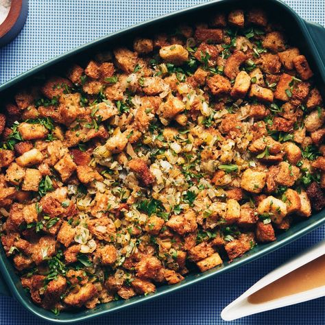 Baked Herbed Stuffing Recipe | Epicurious Christmas Snacks Easy, Herb Stuffing, Cherry Tomato Pasta, Food Resources, Grilled Fruit, Best Turkey, Stuffing Mix, Snacks Easy, Stuffing Recipes