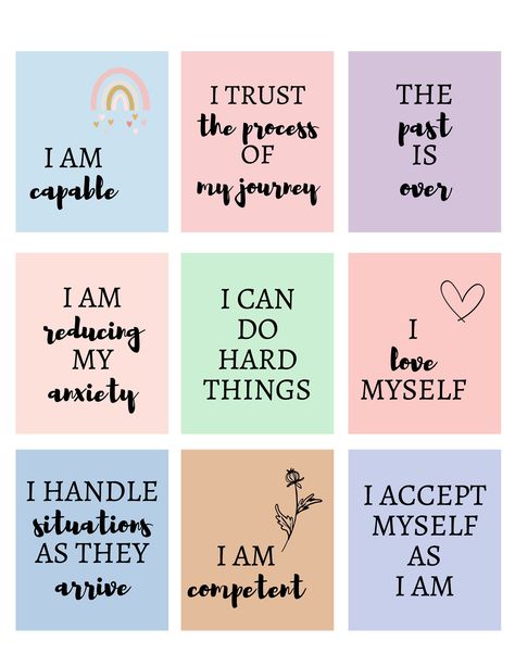 20 Affirmation Cards For Women by Giuseppina Designs #AffirmationCards #PositiveVibes #SelfLove #DailyAffirmations Self Care Affirmation Cards, Self Care Cards Free Printable, Coping Cards, Self Care Cards, Friendship Circle, Affirmation Cards Printable, Cards For Women, Sensory Therapy, Big Feelings