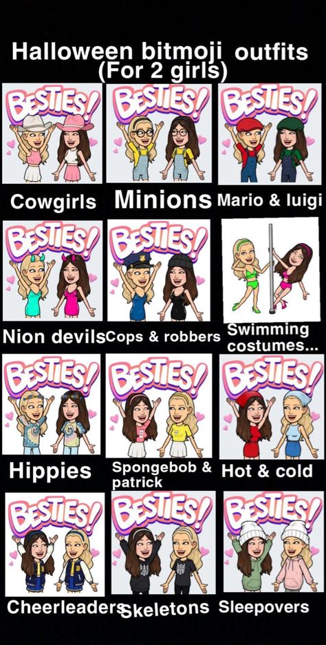 Matching Bitmojis For Couples Funny, Cute Bitmoji Outfits Ideas Snapchat Halloween, Fun Bitmoji Outfits, Matching Bitmoji For Best Friends, Matching Outfits For Snapchat, Cute Aesthetic Bitmoji Outfits, Bit Moji Outfits Summer, Matching Snapchat Bitmoji Outfits For 4, Snapchat Bestie Outfits