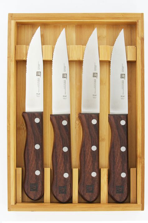 Steakhouse 4-Piece Steak Knife Set with Wood Box Steakhouse Steak, Restore Wood, Bamboo Box, Steak Knife Set, Steak Knife, Karambit Knife, Cooking Turkey, Cutlery Sets, Steak Knives