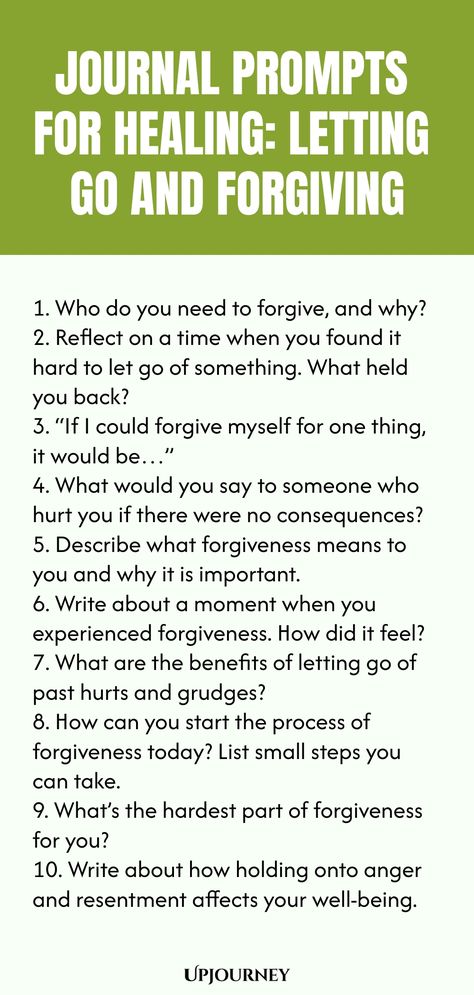 Discover a collection of powerful journal prompts designed to guide you through the healing process of letting go and forgiving. Use these prompts to reflect, release, and cultivate inner peace. Start your journey toward emotional healing today with these transformative writing exercises. Journal Prompts For Detachment, Journal Prompts For Forgiveness, Journal Prompts For Emotional Healing, Journal Ideas Healing, Letting Go Journal Prompts, Therapeutic Journaling, Therapist Ideas, Forgiveness Lesson, Journal Prompts For Healing