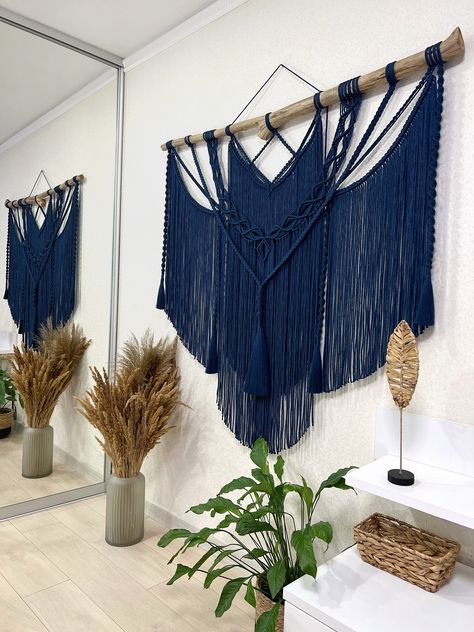 Excited to share the latest addition to my #etsy shop: Extra large blue macrame wall hanging with tassels, big macrame, boho wall decor, macrame decor, housewarming gift, modern macrame, wall art https://etsy.me/3oEVUCL #macrame #entryway #blue #wallhangings #bohemianw Blue Macrame Wall Hanging, Extra Large Macrame Wall Hanging, Macrame Wall Hanging Decor, Wall Decor Macrame, Blue Macrame, Boho Crafts Diy, Macrame Backdrop, Macrame Wall Hanging Patterns, Macrame Boho