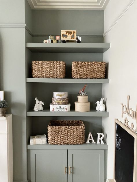 Playroom Alcove Storage, Nursery Alcove Ideas, Bookshelves In Playroom, Nursery With Alcoves, Alcove Toy Storage Ideas, Alcove Toy Storage, Nursery Ideas Built In Shelves, Built In Shelves Toy Storage, Playroom Cupboards