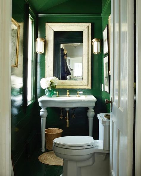 Alfredo Paredes Studio on Instagram: "duck boot green. #alfredoparedesstudio #design #bathroom #shelterisland #home #interiordesign #bathroomdesign #greeninteriors #farrowandball #inspo #stpatricksday" Masculine Room, Green Vanity, Brown Rooms, Rustic Ladder, Shelter Island, Bold Wallpaper, Island House, Green Interiors, Scandinavian Interior