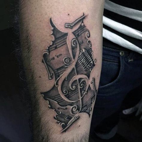 Cool 3d Treble Clef Inner Forearm Tattoo On Gentleman Bass Clef Tattoo Men, Percussion Tattoo, Music Note Tattoo For Men, Musician Tattoo Ideas, Endless Tattoo, Trumpet Tattoo, Bass Tattoo, Clef Tattoo, Treble Clef Tattoo