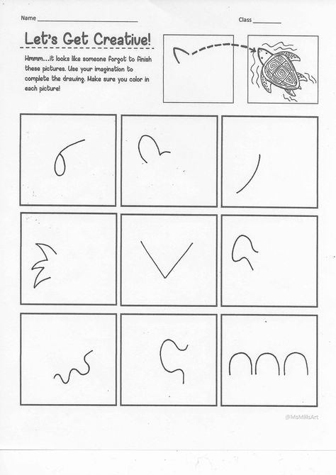 Sub Plans For Art Elementary, Art Early Finishers Elementary, Kindergarten Art Worksheets, Art Sub Plans Elementary, Elementary Art Sub Plans, Creativity Activities, Finish The Drawing, Random Lines, Art Sub Lessons