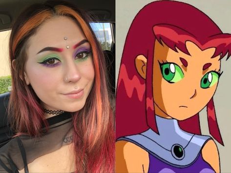 Starfire Costume Makeup, Starfire Makeup Halloween, Star Fire Cosplay Makeup, Starfire Hairstyle, Starfire Cosplay Makeup, Starfire Inspired Nails, Star Fire Makeup, Starfire Makeup Look, Starfire Inspired Outfits