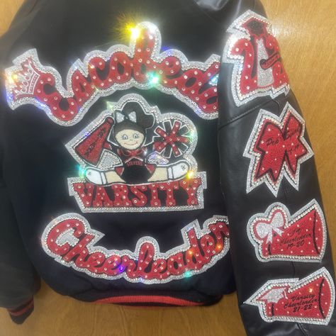 Bedazzled Letterman Jacket, Cheer Letterman Jacket Ideas, Cheer Letterman Jacket, Letterman Jacket Ideas, Cheer Jackets, Letterman Jacket Patches, Bling Jacket, Cheer Posters, Jacket Patches