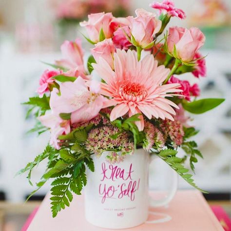 Coffee Mug Arrangements, Yea Cup Flower Arrangement, Coffee Mug Floral Arrangement, Coffee Cup Flower Arrangements, Coffee Mug Flower Arrangement, Mug Flower Arrangements, Mug Arrangements, Flowers In Cup, Pink Flower Arrangements