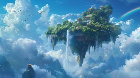 Fantastical Landscape with Floating Island and Ancient Temple Floating Island Landscape, Iridescent Feathers, Floating Islands, Inspirational Digital Art, Dreamy Atmosphere, Ancient Temple, Floating Island, Photography Movies, Photography Games