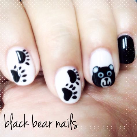 Black bear nails. Couldn't find any 'black bear' nail designs to show my manicurist, so she created her own. She's talented like that. =) Black Bear Nails Designs, Bear Paw Nail Art, Black Bear Nails, Moose Nails, Bear Nails Designs, Tennessee Nails, Mountain Nails, Camp Nails, Bear Nail Art