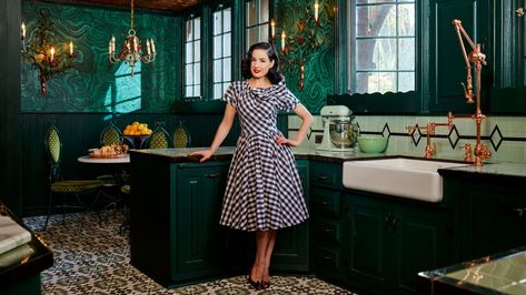 The multihyphenate star was careful to preserve much of her Tudor Revival residence's original character while imbuing it with plenty of her own personality Dita Von Teese House, Dita Von Teese Home, Green Appliances, Idda Van Munster, Velvet Furniture, Blue Couches, Dita Von, Dita Von Teese, Los Angeles Homes