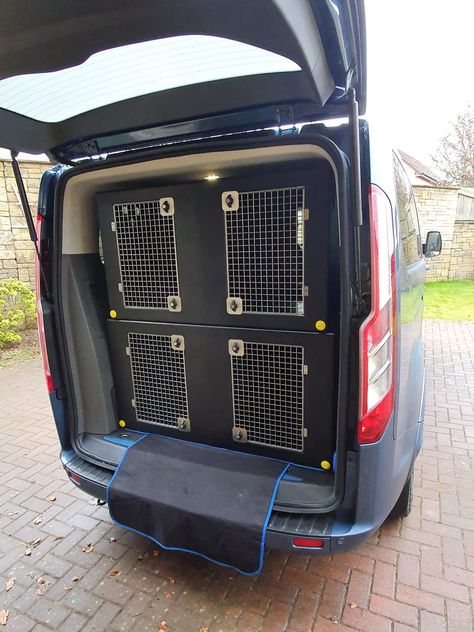 This four compartments stackable custom dog crate set up for the ford tourneo custom is just one of our many customised jobs. Van Conversion Dog Crate, Dog Transport Van Ideas, Dog Kennel Car Set Up, Dog Campervan, Camper Van Dog Kennel, Dog Transport Van, Custom Dog Crate, Dog Transport, Pet Taxi