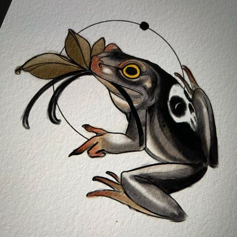 Neo Traditional Animal Tattoo Design, Small Neotraditional Tattoo, Orchid Mantis Tattoo, Duchess Tattoo, Neo Traditional Frog, Neotrad Cat Tattoo, Small Neo Traditional Tattoo, Traditional Frog Tattoo, Neotraditional Frog