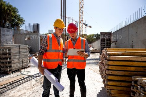 Civil architect and construction manager dressed in orange work vests and helmets discuss a building by leikapro. Civil architect and construction manager dressed in orange work vests and helmets discuss a building project on the m... #AD #manager, #dressed, #orange, #Civil Engineer Dress, Construction Manager, Safety Inspection, Set Dressing, Engineering Consulting, Building Site, Construction Safety, Staff Training, Regulatory Compliance