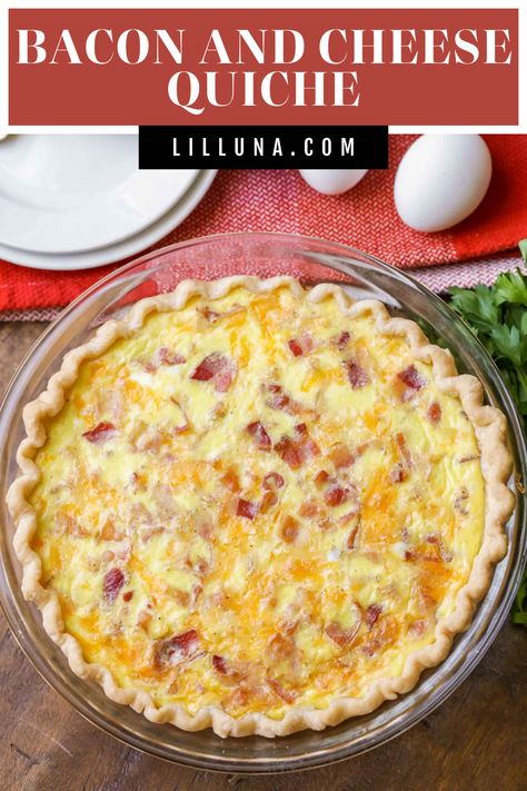 Bacon and Cheese Quiche is the perfect hot breakfast to share with a crowd. It's filling, savory, and full of delicious flavors. #quiche #quicherecipes #breakfastquiche #breakfast #baconandcheese Canadian Bacon Quiche, Bacon Cheddar Quiche, Bacon Quiche Recipe, Bacon And Cheese Quiche, Cheese Quiche Recipe, Breakfast Favorites, Savory Breakfast Recipes, Thanksgiving Breakfast, Breakfast Quiche Recipes