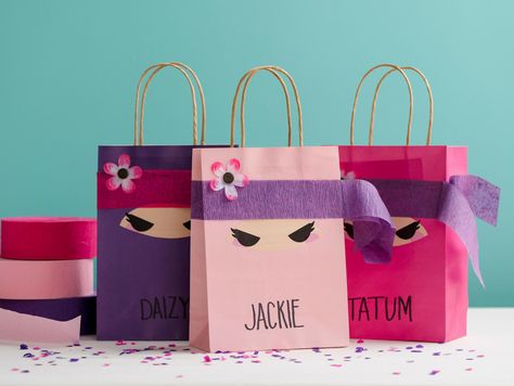 Pink Ninja Party Favor Bags Ninja Princess Birthday Party, Pink Ninja Birthday Party, Ninja Party Favors, Taekwondo Birthday, Ninja Birthday Cake, Ninja Themed Birthday Party, Ninja Party Favor, Party Bags Girls, Martial Arts Birthday