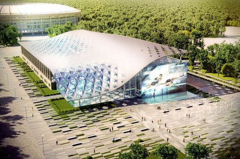 Project of reconstruction of swimming pool of the Luzhniki Olympic Complex Canteliver Architecture, Swimming Pool Plan, Indoor Swimming Pool Design, Stadium Architecture, Swimming Pool Architecture, Olympic Swimming, Stadium Design, Parametric Architecture, Building A Pool