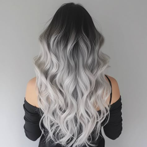 Black To Silver Ombre Hair, Dark Brown To Silver Ombre, Blonde Hair With Black Lowlights, Silver Hair Balayage, Silver Hair Ombre Black, Silver Balayage Hair, Platinum To Black Ombre, Icy Grey Blonde Hair, White Balayage