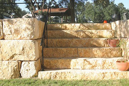 Quarry Block around front yard garden (smaller needed) Limestone Blocks Landscaping, Sandstone Landscaping, Salado Texas, Retaining Wall Steps, Kangaroo Valley, Limestone Block, Sloped Backyard Landscaping, Lime Stone, Covered Patio Design