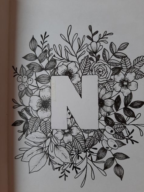 Flower Letters Drawing, Name Doodles Ideas, Name Drawing Ideas Letters, N Drawing, Name Doodle Art, Name With Flowers Drawing, Name Drawings Creative, Doodle Art Name Design, Name Art Drawing