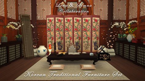 [Lena Sims & Simna] Korean Traditional Furniture Set | Lena Sims on Patreon Korean Furniture, Korean Traditional House, Asian Room, Traditional Korean House, The Sims 4 Skin, Sims Packs, Sims 4 Anime, Sims 4 House Plans, Asian Furniture