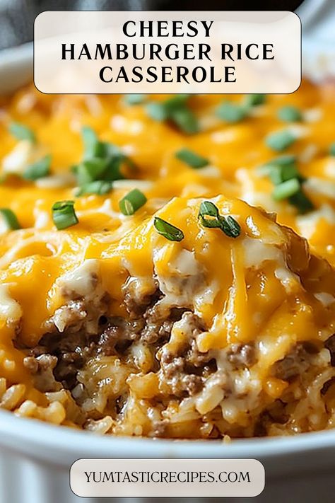 Looking for an easy, comforting dinner idea? This cheesy hamburger rice casserole combines savory beef, creamy cheese, and perfectly cooked rice for a dish the whole family will love. Ready in just 30 minutes, it's perfect for busy nights! Click to get the full recipe and enjoy a cozy meal tonight.

#EasyDinner #ComfortFood #CasseroleRecipes #CheesyCasserole #FamilyDinner Hamburger And Rice Recipes, Pasta Recipes Shrimp, Cheesy Rice Casserole, Burger Meals, Hamburger Rice Casserole, Cajun Pasta Recipes, Guy Food, Hamburger Rice, Delicious Casserole Recipes