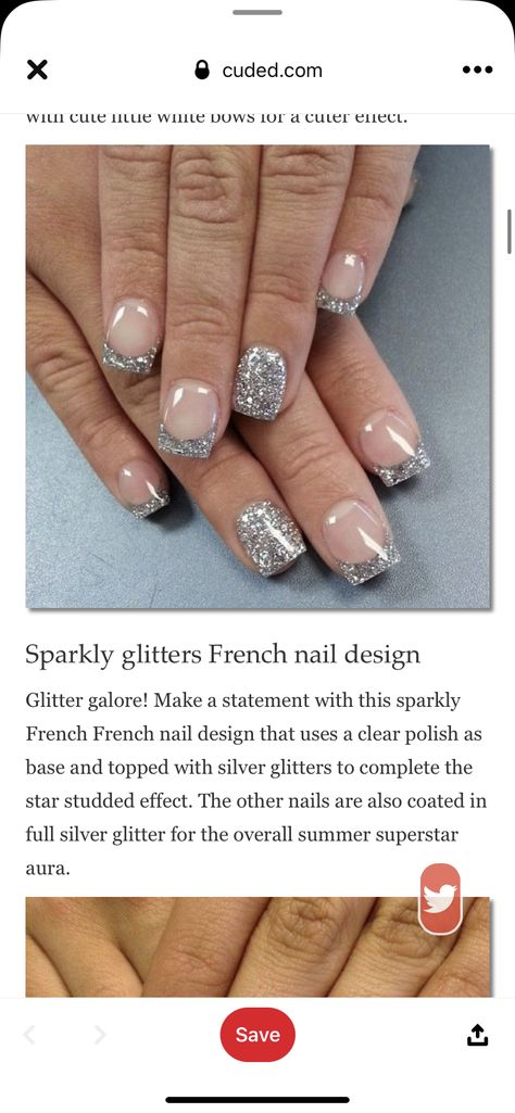 Grey French Tip Nails Silver Glitter, Silver Glitter French Tip Nails, Grey French Tips, Silver Glitter French Tip, Glitter French Tip Nails, Gel Overlay Nails, Glitter French Tip, Glitter French Nails, White French Nails