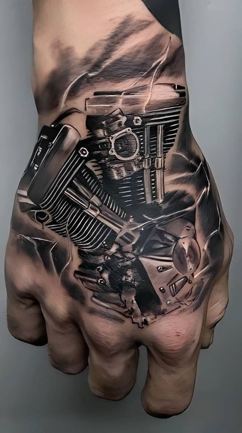 Harley Hand Tattoo, Harley Engine Tattoo, Steam Punk Tattoo Men, Biomechanical Tattoo For Men, Motorcycle Engine Tattoo, Biker Tattoos For Men, Biker Tattoo Design, Harley Davidson Tattoo, Biker Tattoos Designs