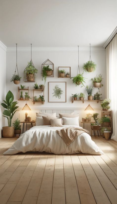 Green And Earthy Bedroom, Plant Wall Above Bed, Nature Inspired Rooms Bedrooms, White Bedroom With Plants Aesthetic, Bedroom Decor Natural Earthy, Plant Themed Bedroom Aesthetic, Neutral Bedroom With Plants, Warm Tone Bedroom Aesthetic, White Bedroom Green Accents