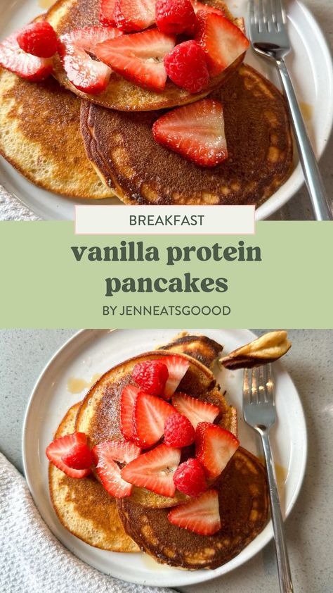 Looking for a healthy protein packed breakfast? You'll love my vanilla protein pancakes because they are quick and easy to whip up for breakfast! These vanilla protein pancakes are gluten free and paleo friendly. Try these plant based protein pancakes for your weekly breakfast and weekend brunch which will keep you full and satisfied! Paleo Protein Pancakes, Gluten Free Breakfast Muffins, Vanilla Protein Pancakes, Gluten Free Breakfast Casserole, Gluten Free Protein Pancakes, Gluten Free Breakfast Bars, Healthy Gluten Free Breakfast, Packed Breakfast, Paleo Protein