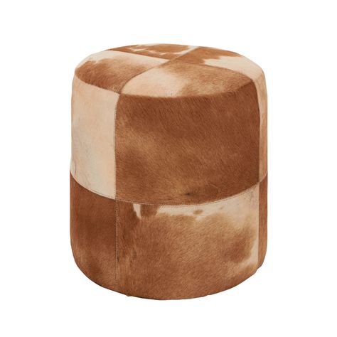 "Find the 16\" Brown Wood & Leather Farmhouse Ottoman at Michaels. Add character and comfort to your home space with this cowhide drum ottoman. Add character and comfort to your home space with this cowhide drum ottoman. Whether placed in your bedroom, living room, lobby, or game room, this decorative stool is a welcome look. Leather and hair on hide are a natural product, and therefore no two will be alike. There may slight variations in pattern, natural blemishes, colors, and overall aesthetic Farmhouse Ottoman, Hide Ottoman, Handmade Stool, Leather Stool, Bob's Discount Furniture, Brown Cowhide, Leather Patchwork, Leather Pouf, Home Space