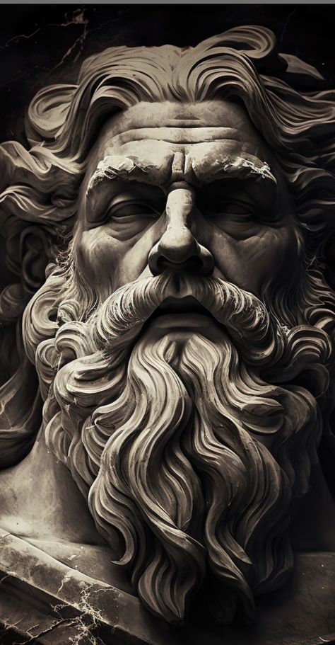 Zeus Drawings, Ancient Statues Aesthetic, Greek Sculpture Tattoo Design, Greek God Portrait, Zeus Statue Sculpture, Snake Tattoo Design For Men, Zeus Tattoo Design, Statue Face, Beautiful Spine Tattoos