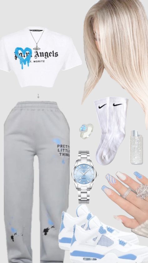 #chav #silver #pandora #blonde #nails #jordans #fit #fitinspo #outfit #outfitinspo #blue #chavgirl #chavvy #chavy #chavv #nike #rhinestone #jordan4 Cute Outfit, Sweatpants, Blonde, Nike, Nails, Hair, Silver, Blue, Tracksuit Bottoms