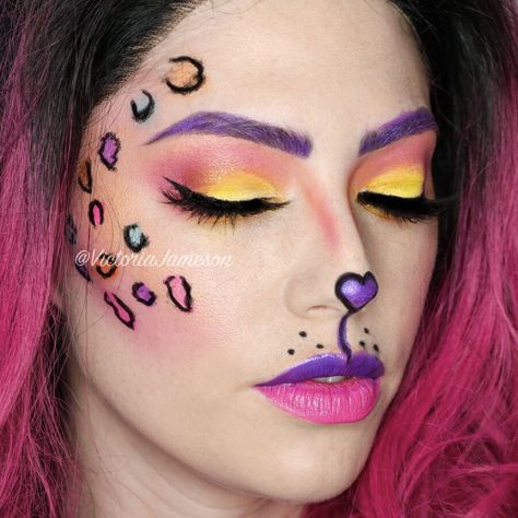 Lisa Frank Cheetah Makeup Tutorial video #lipstick #halloweenmakeup #lisafrank #makeup #senegence #lippylovers #victoriajameson Lisa Frank Cat Makeup, Rainbow Cheetah Makeup, Lisa Frank Halloween Makeup, Lisa Frank Costume Halloween, Lisa Frank Leopard Makeup, Senegence Halloween Looks, Lisa Frank Halloween Costume, Lisa Frank Face Paint, Lisa Frank Makeup Looks