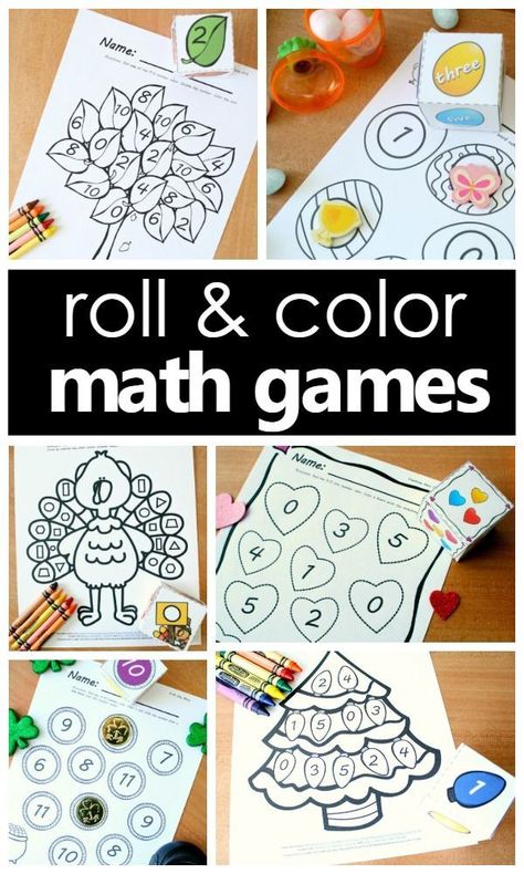 Roll and color math games are an engaging way to practice preschool, kindergarten, and first grade math skills in a hands-on way. Great printable games! Free printable samples included. Preschool Circle Time Songs, Small Group Math Activities, Color Math, Preschool Numbers, Fall Math Activities, Math Station, Preschool Circle Time, Maths Ideas, Training Room