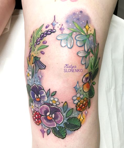 Colorful Knee Tattoo, Back Of Knee Tattoo Women, Knee Framing Tattoo, Mid Century Modern Tattoo, Floral Knee Tattoo, Below The Knee Tattoo, Fairycore Tattoo, Half Leg Sleeve, Kawaii Tattoos